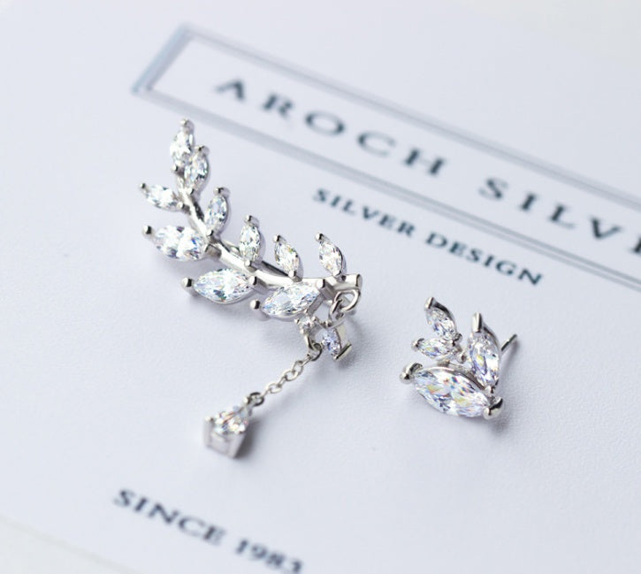 Silver-Diamond Leaf Earrings – Korean Sweet Style