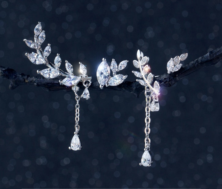 Silver-Diamond Leaf Earrings – Korean Sweet Style