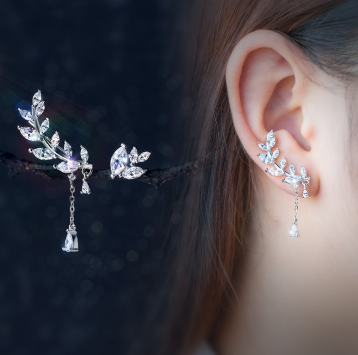 Silver-Diamond Leaf Earrings – Korean Sweet Style