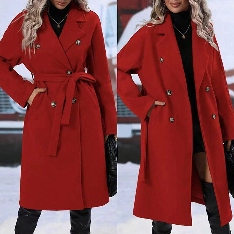 Women's Lapel Trench Coat with Belt – Winter Style