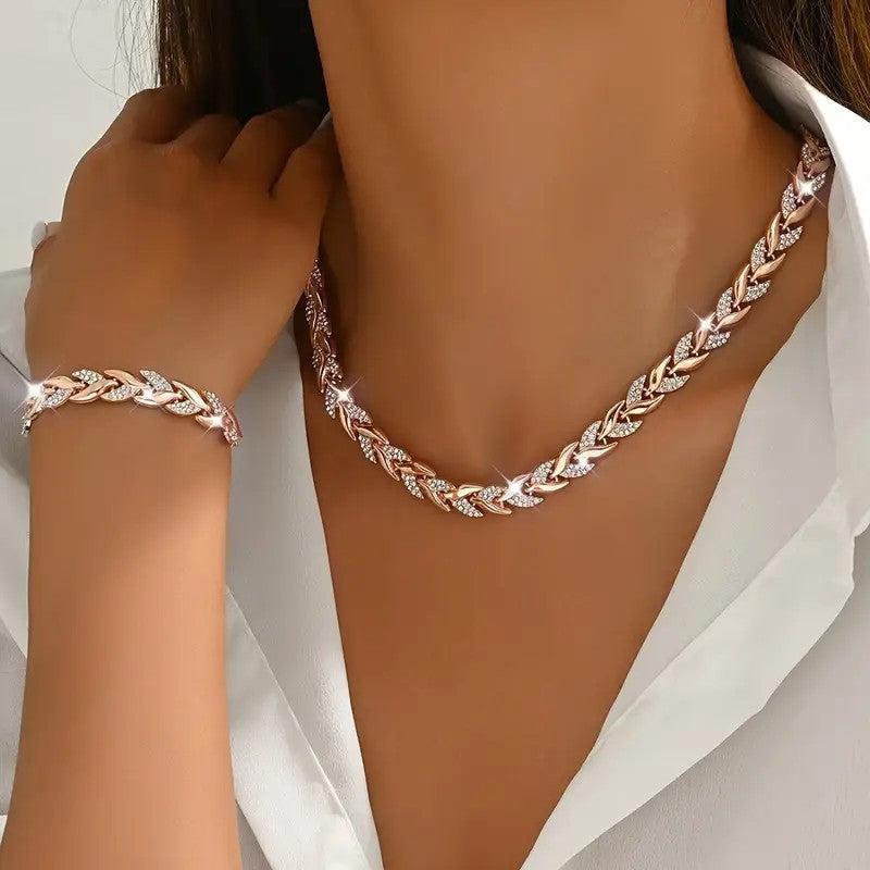 Luxury Willow Leaf Diamond Necklace & Bracelet