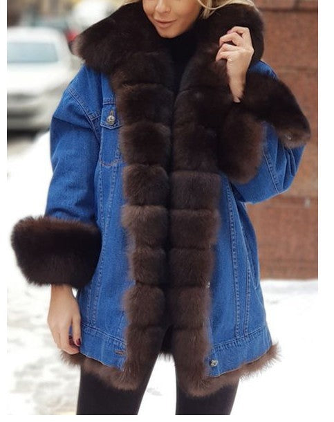 Ladies Fur One Denim Long Sleeve Coat