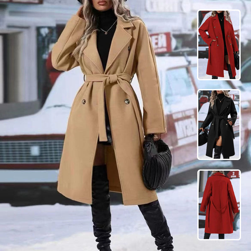 Women's Lapel Trench Coat with Belt – Winter Style