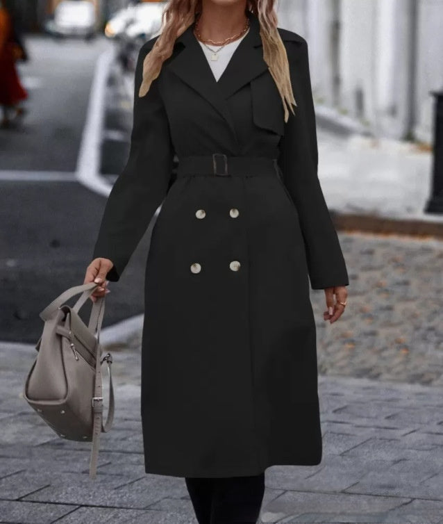 Women's Lapel Trench Coat with Belt – Winter Style
