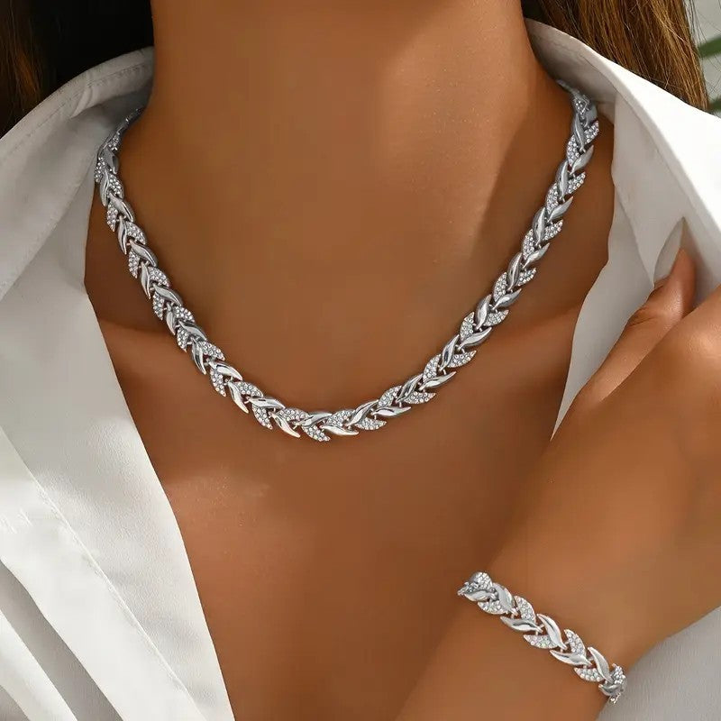 Luxury Willow Leaf Diamond Necklace & Bracelet